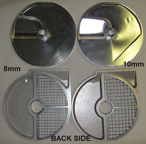 Dicing and slicing discs for ROVTEX food processor HLC300 vegetable cutter HLC-300. Rear view
