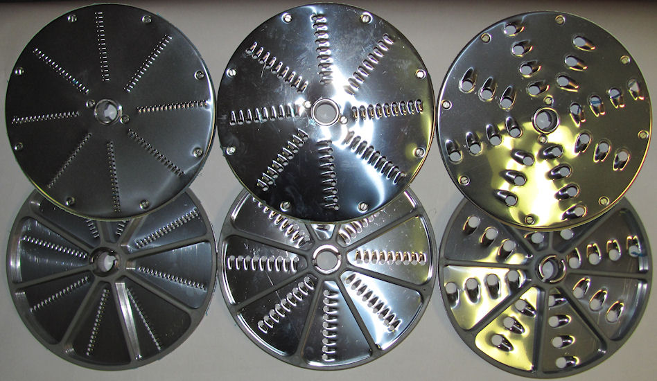 Left to right 2mm, 5mm and 10mm grating discs for ROVTEX commercial vegetable cutter. Discs are shown from both sides.